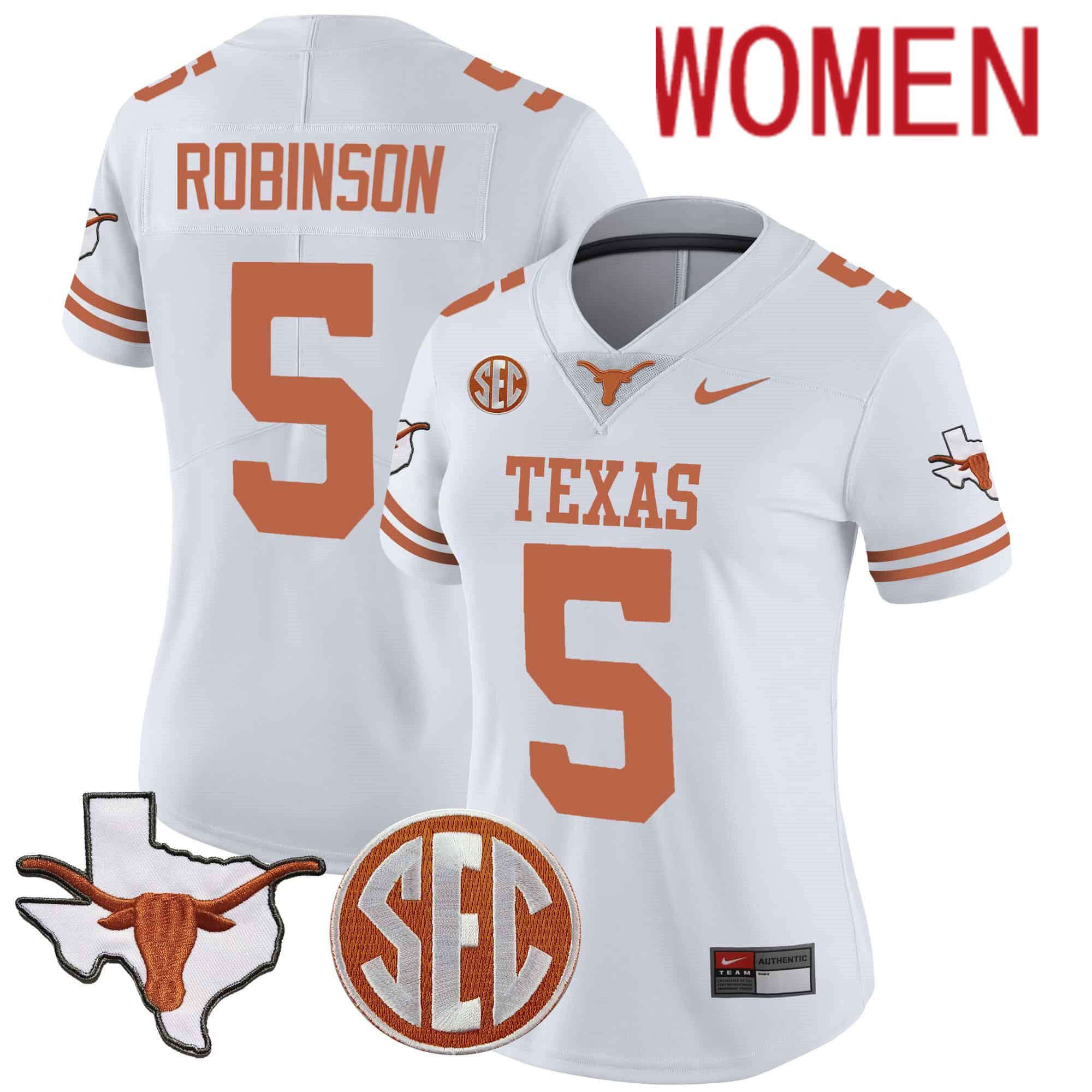 Women Texas Longhorns #5 Robinson White 2024 Nike State Map & SEC Patch Vapor NCAA Jersey